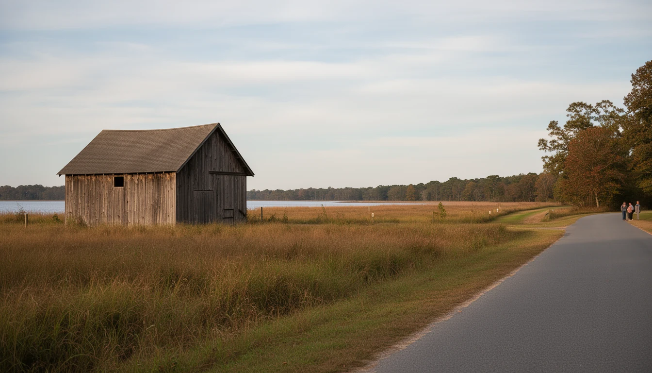 A rural Hertford County parcel near the Chowan River with a weathered outbuilding and open field under an October sky