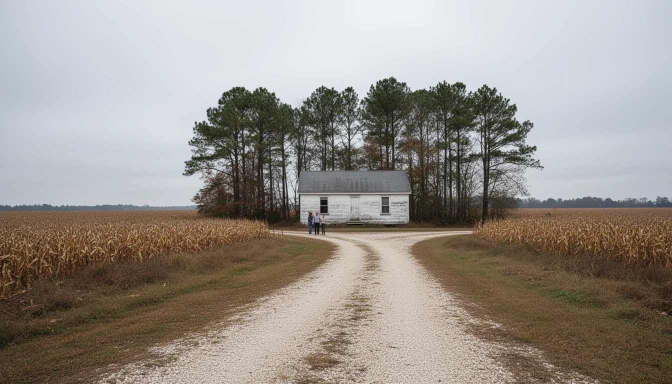 A gravel drive leading to a small white farmhouse behind a stand of pines in rural Hertford County, North Carolina, on an October afternoon