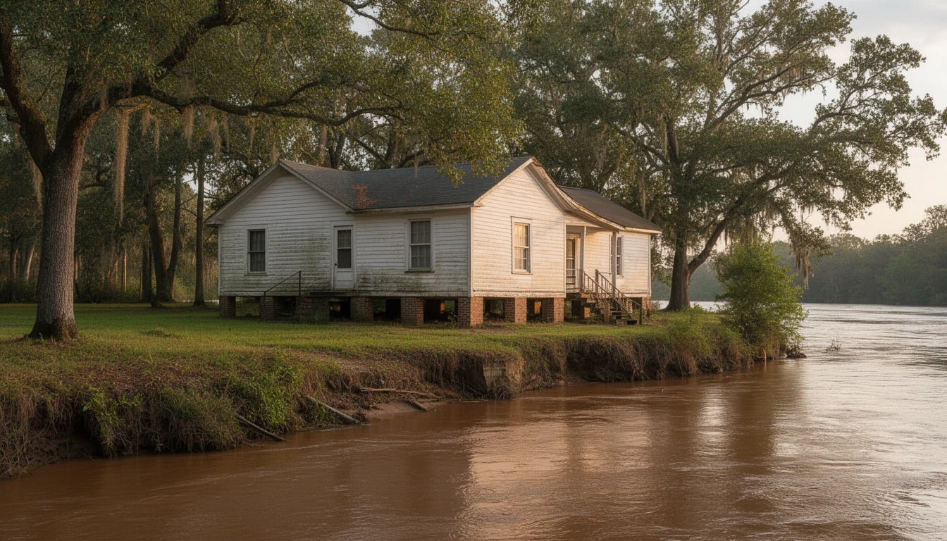 An older raised house above the Chowan River near Winton, Hertford County, with brick foundation piers and a shaded yard
