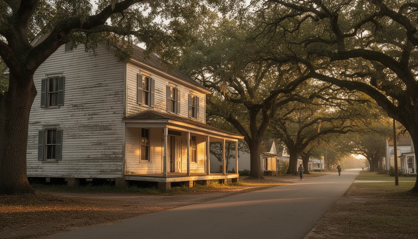 Aging white wood-frame house with a wide porch on a tree-lined street in a small northeastern North Carolina town at golden hour