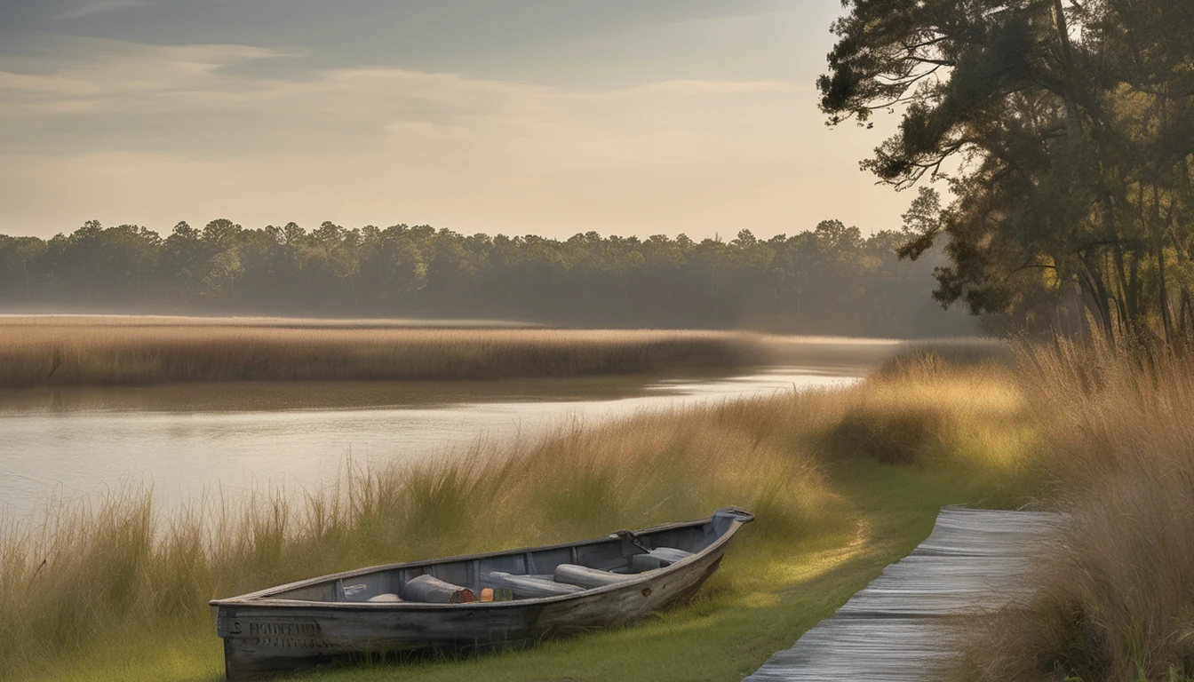 High grassy bluff overlooking the Chowan River near Winton, Hertford County, with a weathered wooden boat landing and wooded far bank