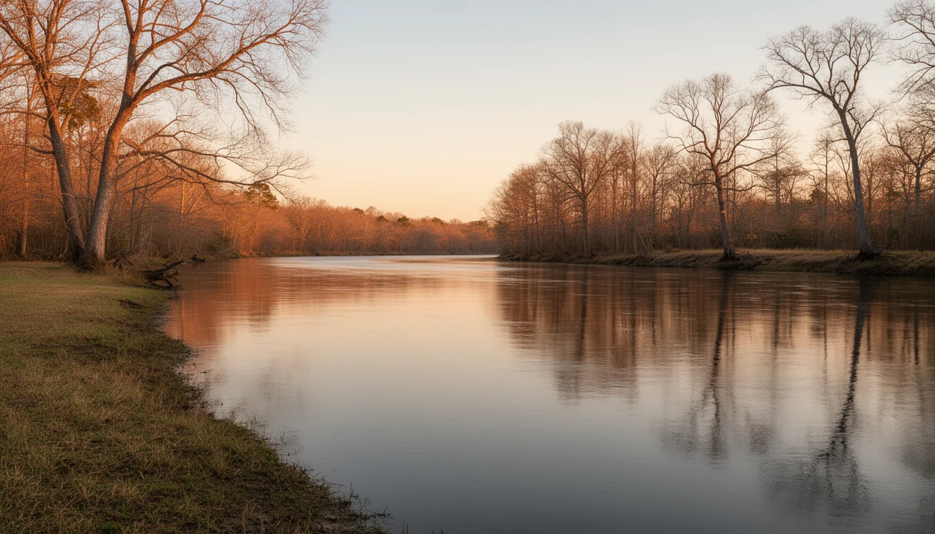 Calm blackwater river with wooded banks at golden hour in rural northeastern North Carolina