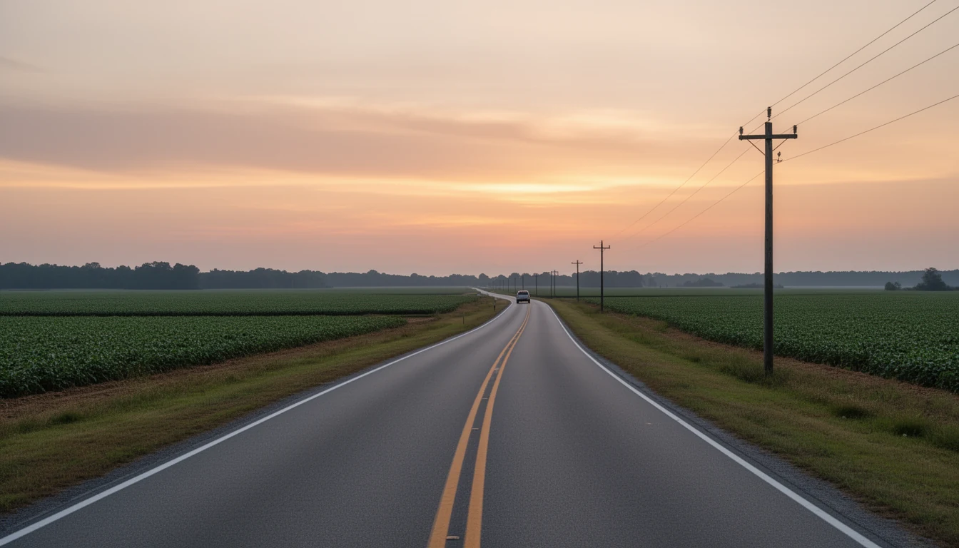 Two-lane highway through farm fields near Cofield, Hertford County, North Carolina, with a pickup truck heading toward the steel mill at dusk