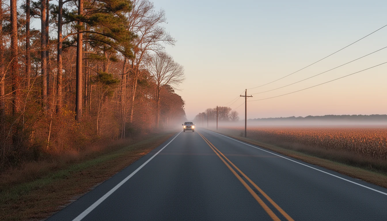 Two-lane rural highway before sunrise outside Ahoskie, Hertford County, North Carolina, with a pickup truck and flat farm fields
