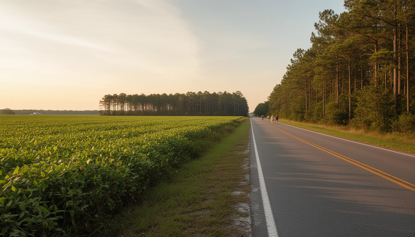 Soybean fields and timber land along a country road between Ahoskie and Winton, Hertford County