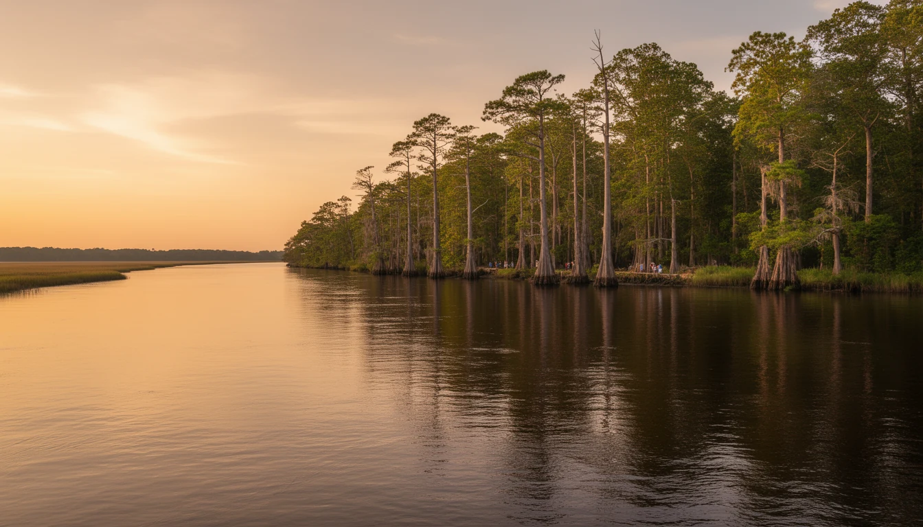 Calm blackwater Chowan River with wooded banks at golden hour near Winton, Hertford County