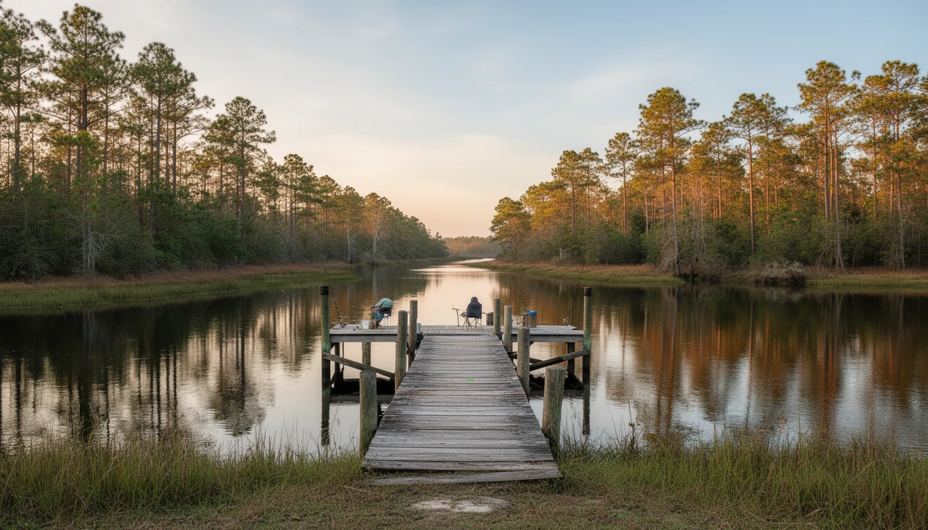 Chowan River waterfront near Winton, Hertford County, calm blackwater with wooded banks