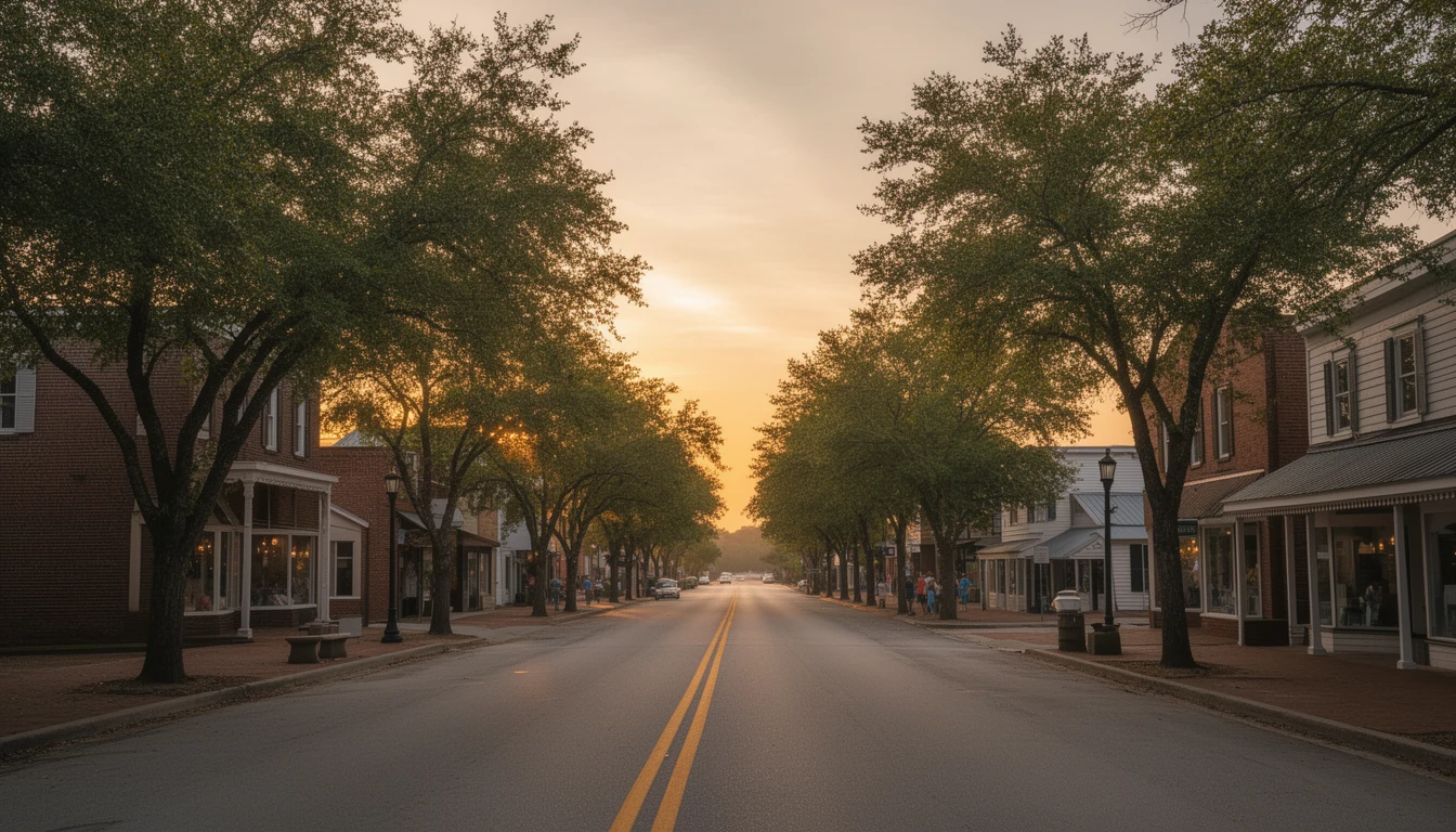 Tree-lined small-town street in Murfreesboro, Hertford County at golden hour