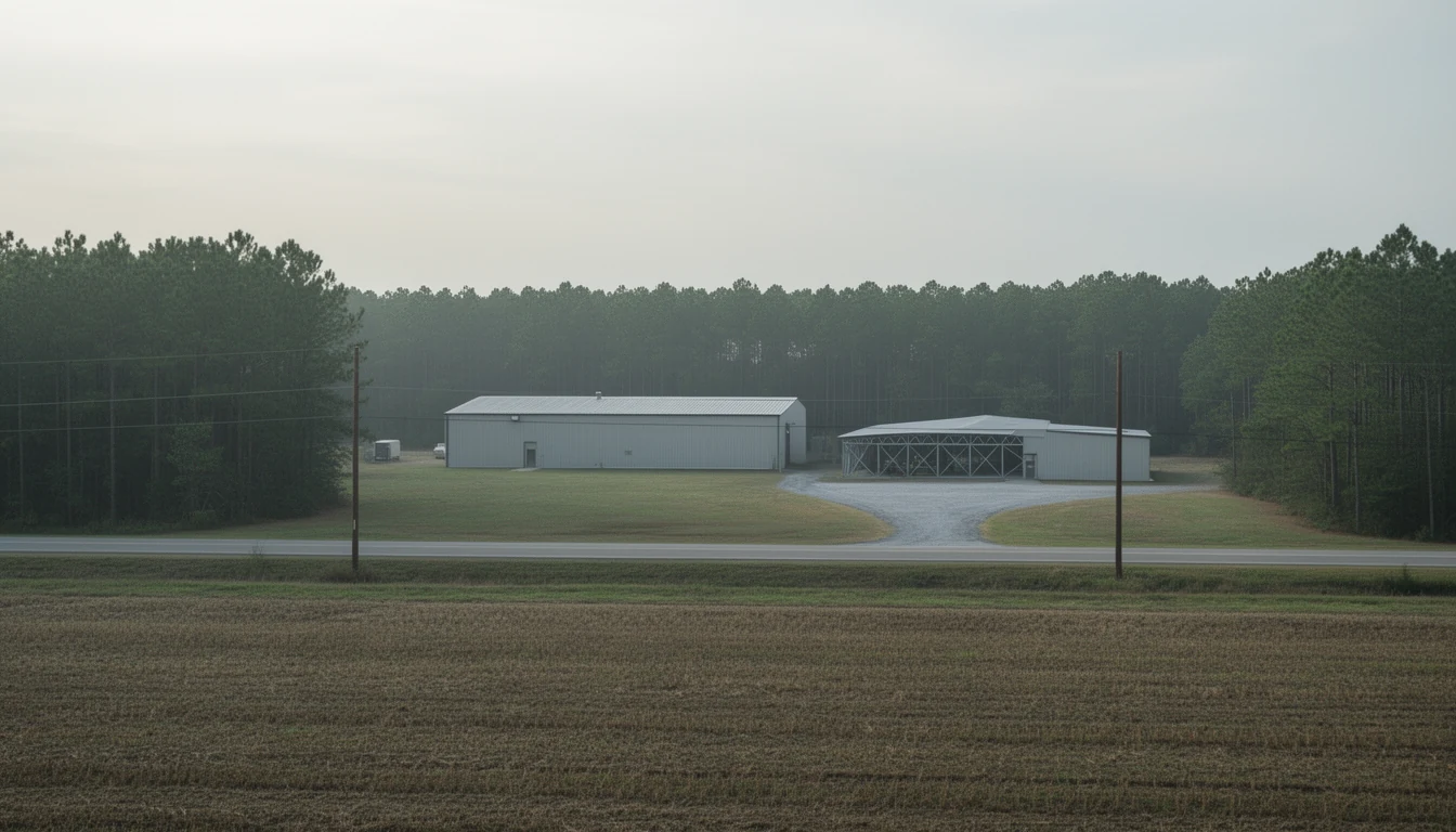Early morning haze over a low metal plant building and a stand of pines behind a tilled Hertford County field beside a two-lane rural road