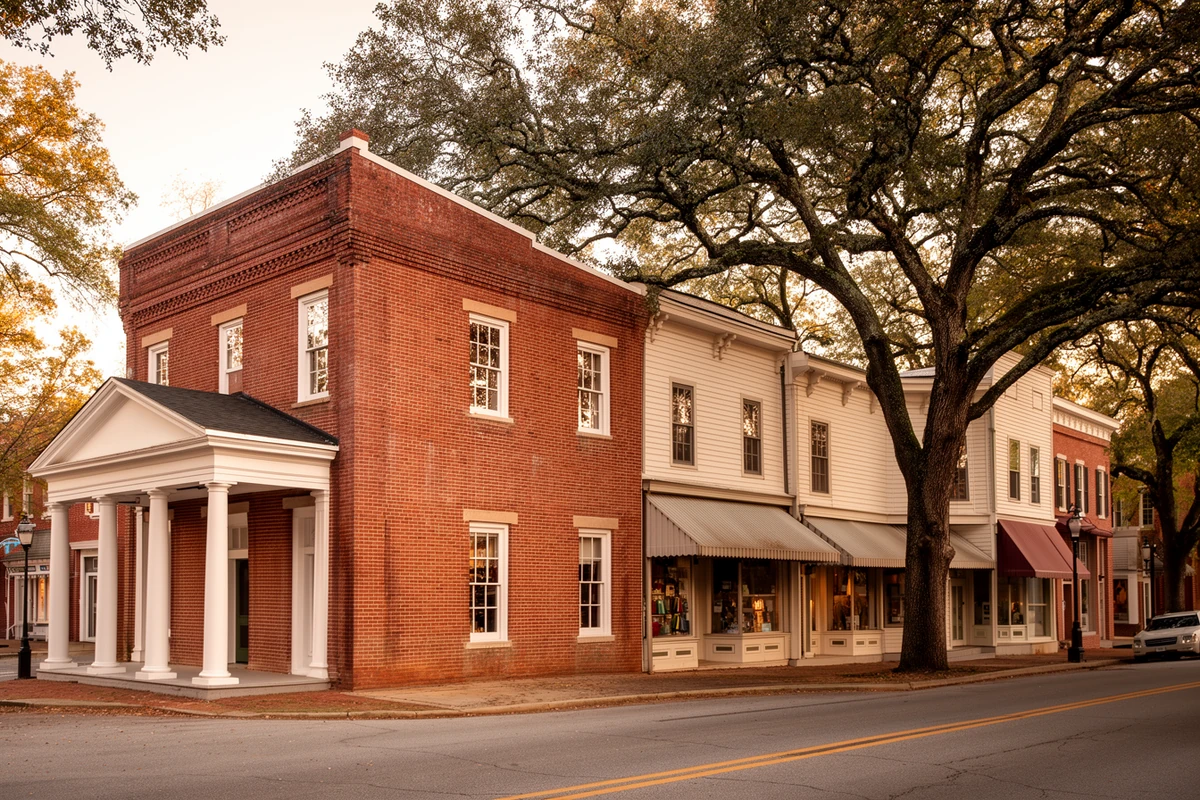 A row of early-1800s Greek Revival brick and frame buildings in Murfreesboro's historic riverfront district