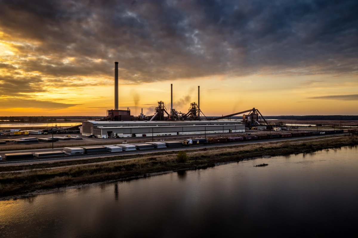 An industrial steel plate mill complex on the bank of the Chowan River at dusk, with rail cars and stacked steel plate visible