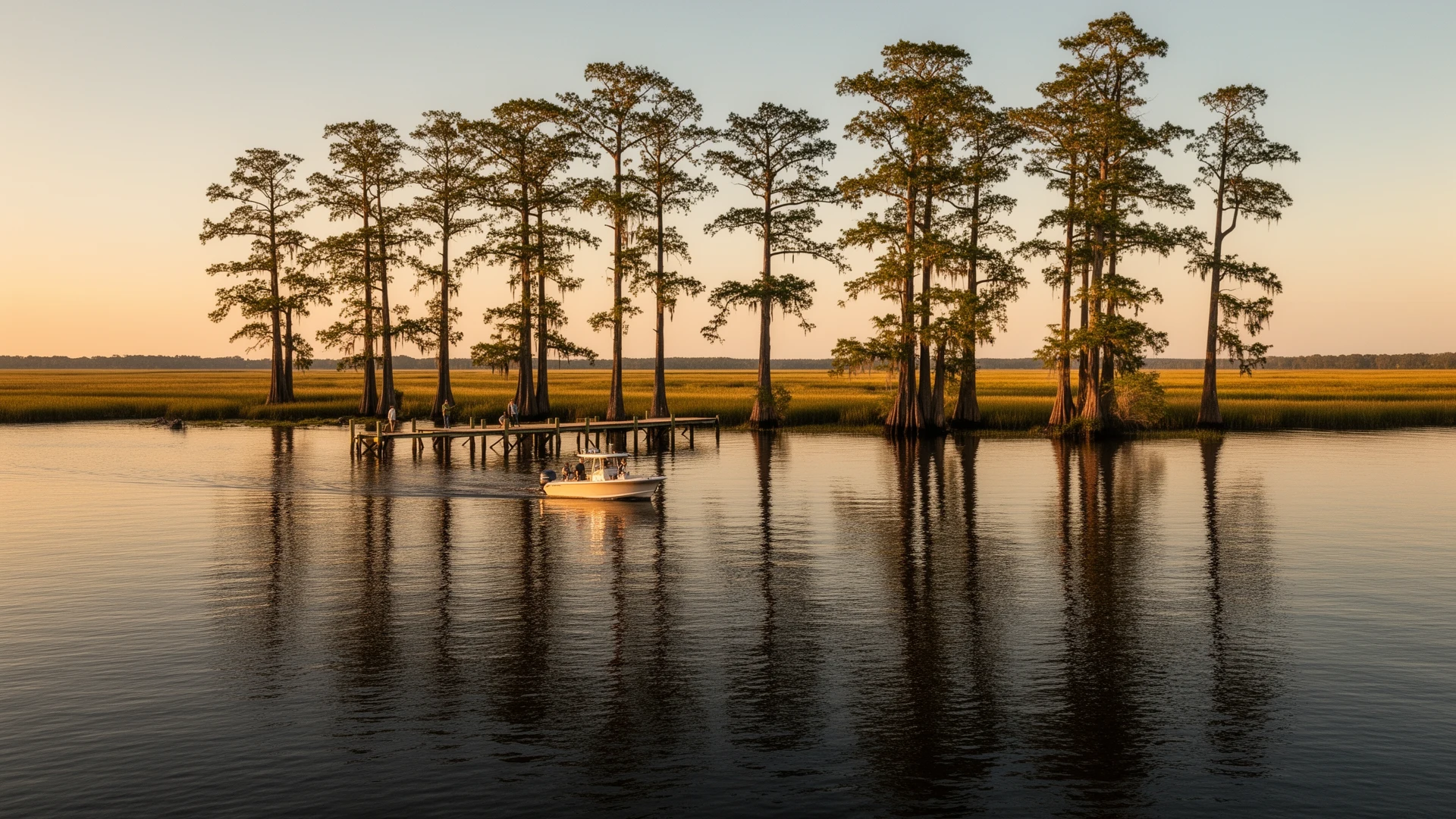 A small boat landing on the Chowan River in Hertford County at golden hour with bald cypress at the waterline
