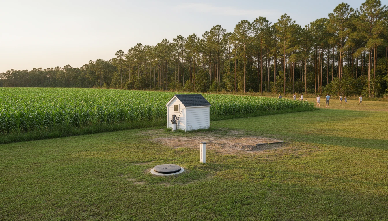 A white wellhouse and septic access cover on a rural Hertford County lot near Cofield, soybean fields behind