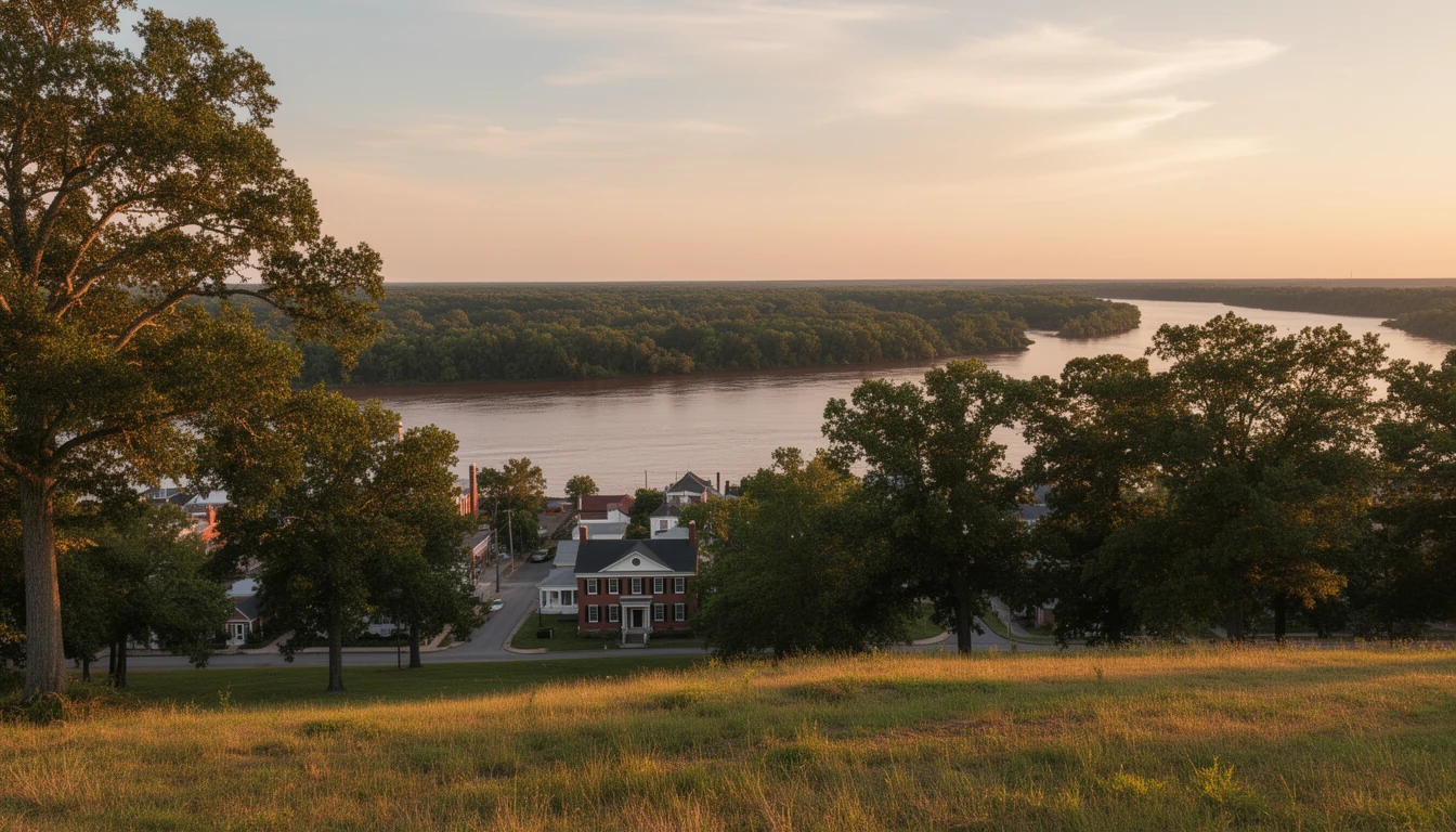 Small-town rooftops and the wide Chowan River seen from a grassy bluff at golden hour in Winton